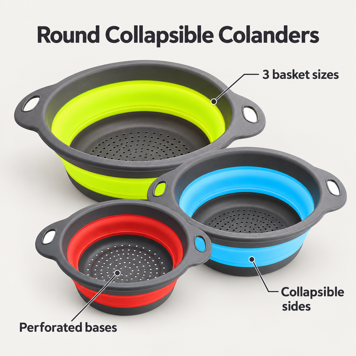 Round Collapsible Colander Set with Single and Multi-Basket Options - Large Green + Medium Blue + Small Red - all draining - feature