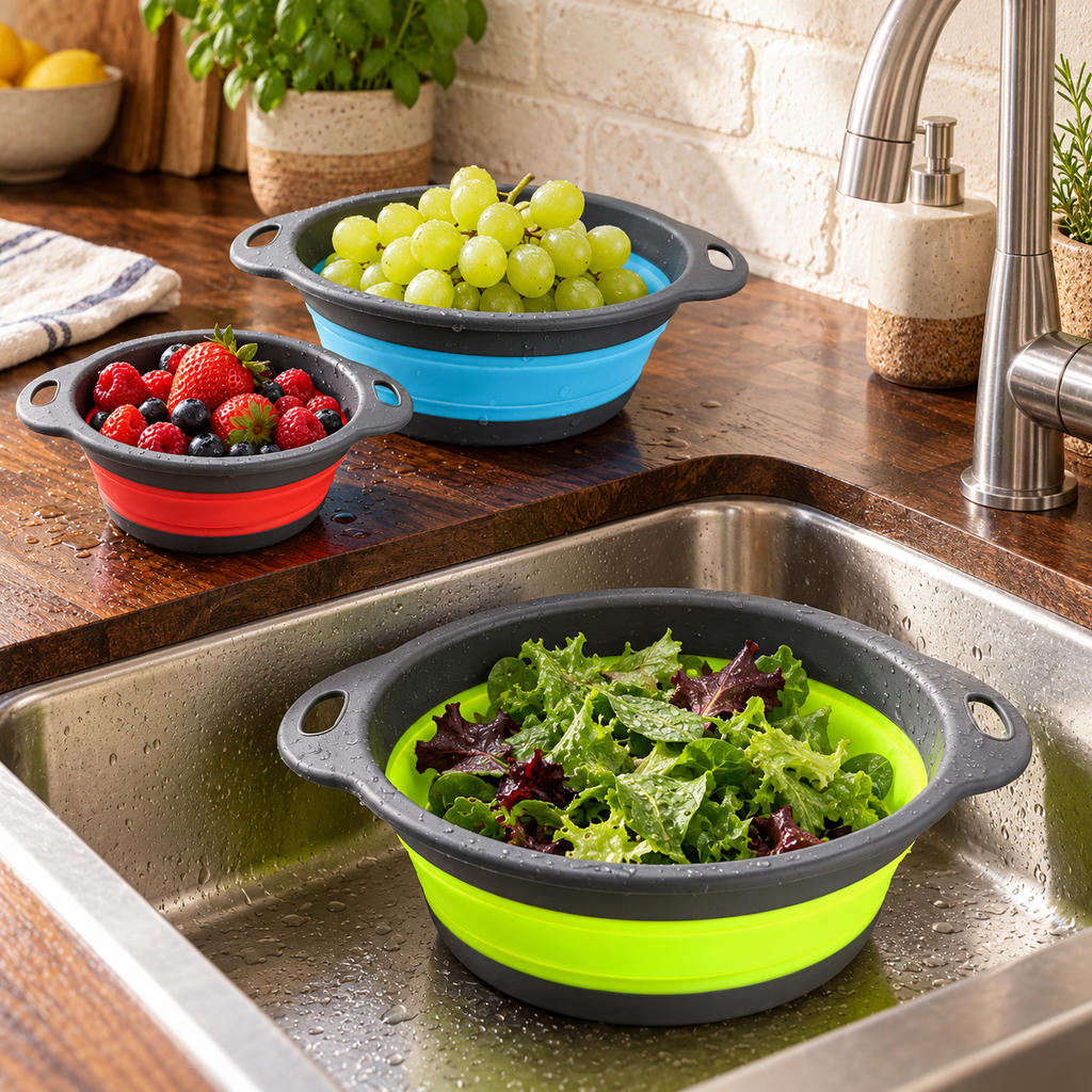 Round Collapsible Colander Set with Single and Multi-Basket Options - Large Green + Medium Blue + Small Red - all draining - lifestyle
