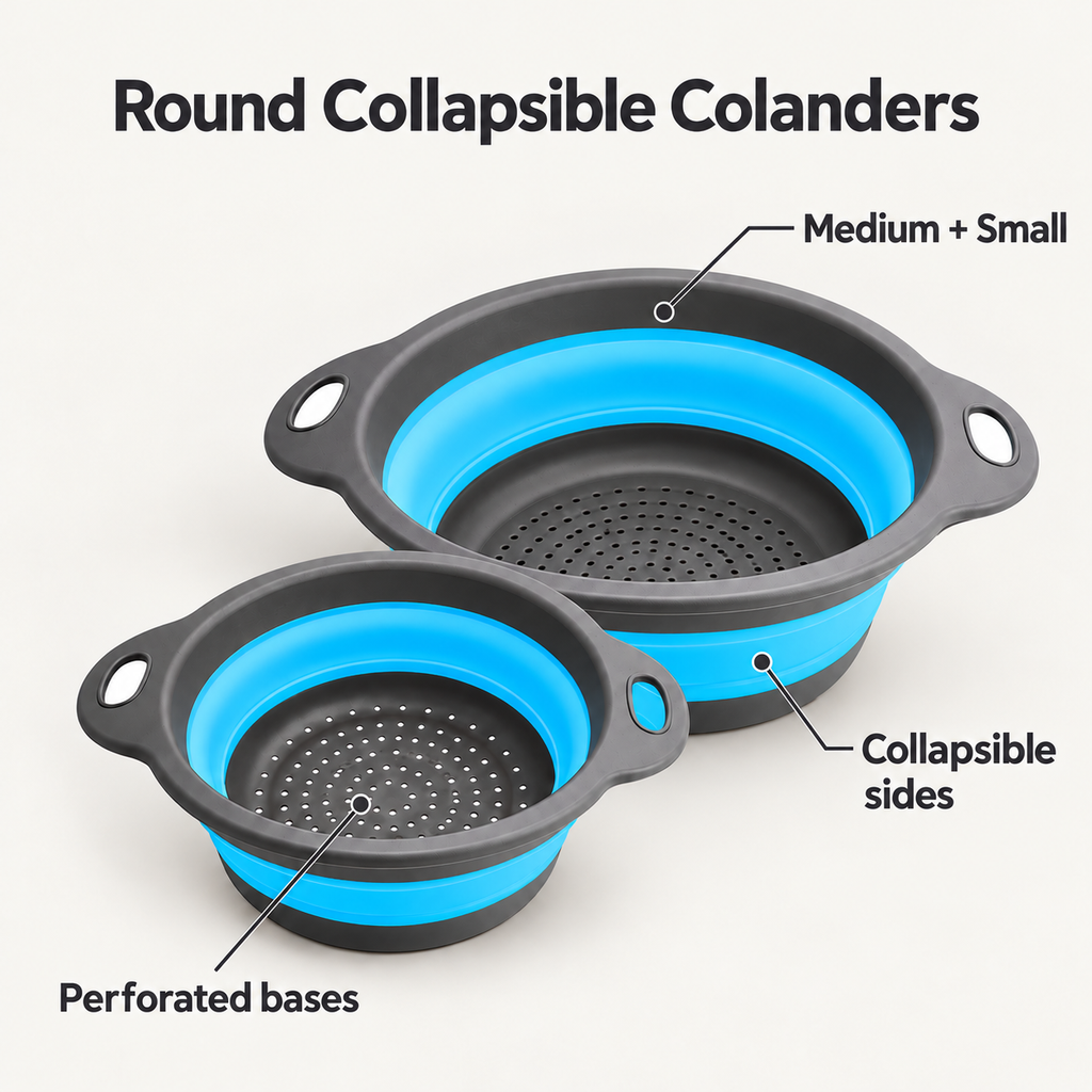 Round Collapsible Colander Set with Single and Multi-Basket Options - Blue Medium + Small - feature