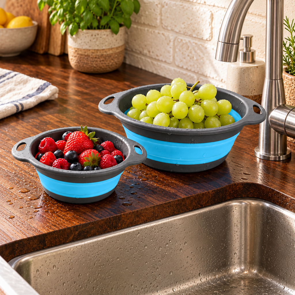 Round Collapsible Colander Set with Single and Multi-Basket Options - Blue Medium + Small - lifestyle