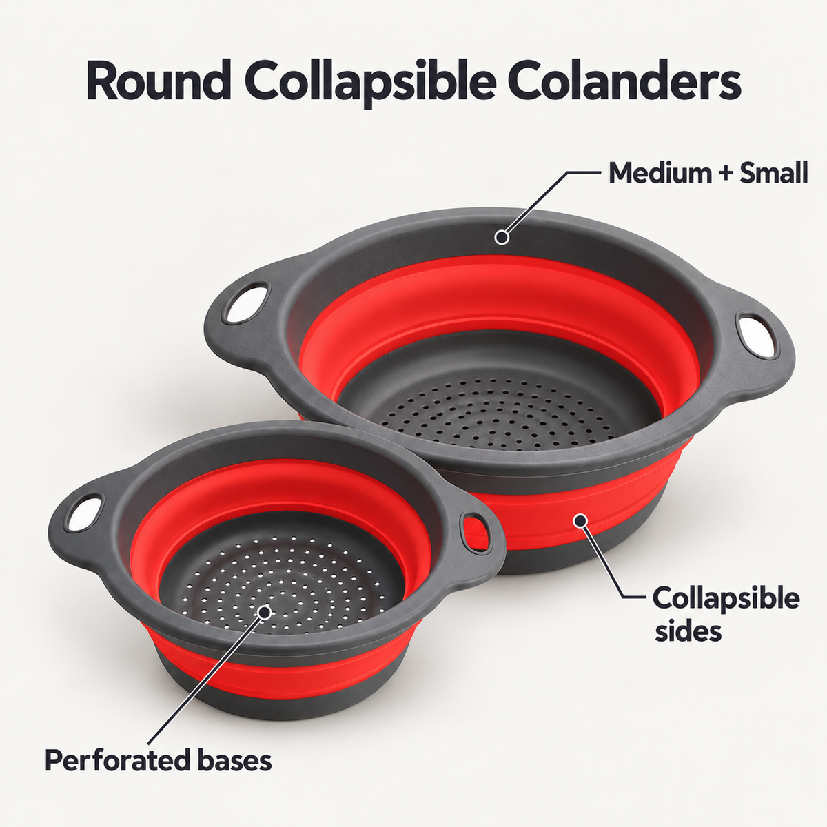 Round Collapsible Colander Set with Single and Multi-Basket Options - Red Medium + Small - feature
