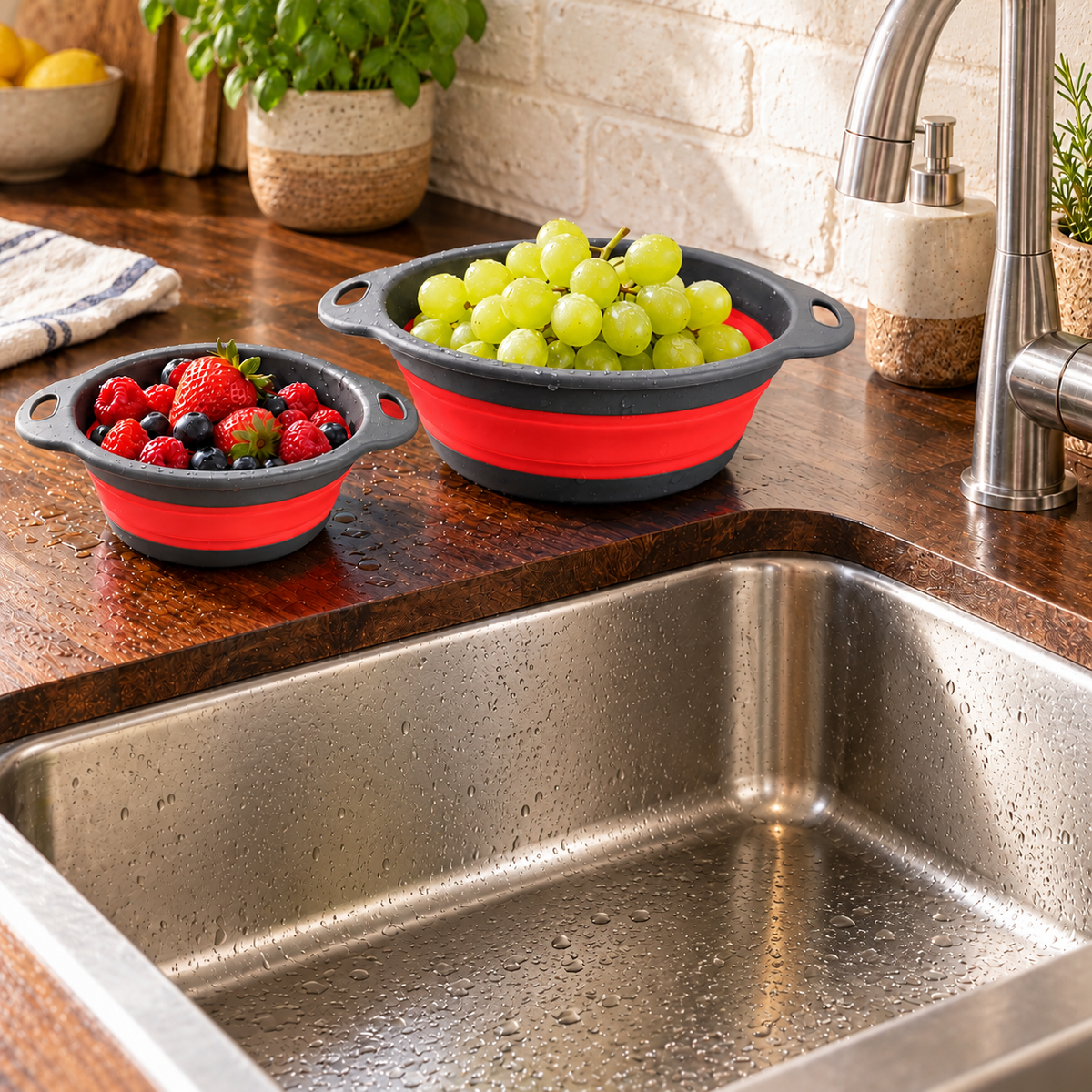 Round Collapsible Colander Set with Single and Multi-Basket Options - Red Medium + Small - lifestyle