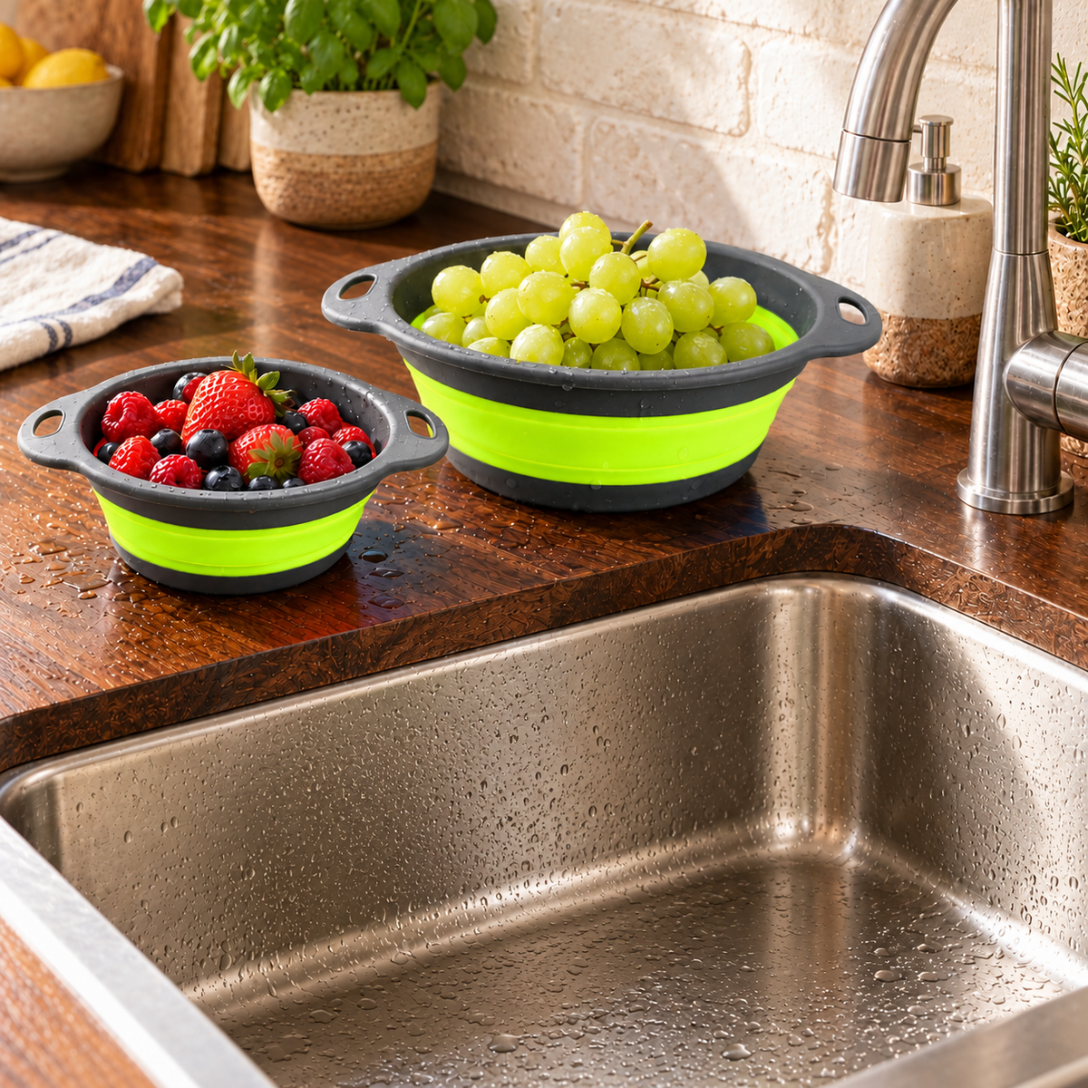 Round Collapsible Colander Set with Single and Multi-Basket Options - Green Medium + Small - lifestyle