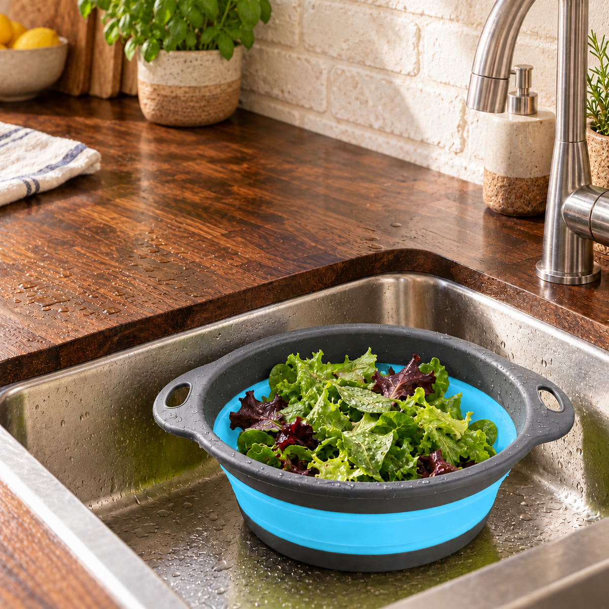 Round Collapsible Colander Set with Single and Multi-Basket Options - Blue Large - lifestyle