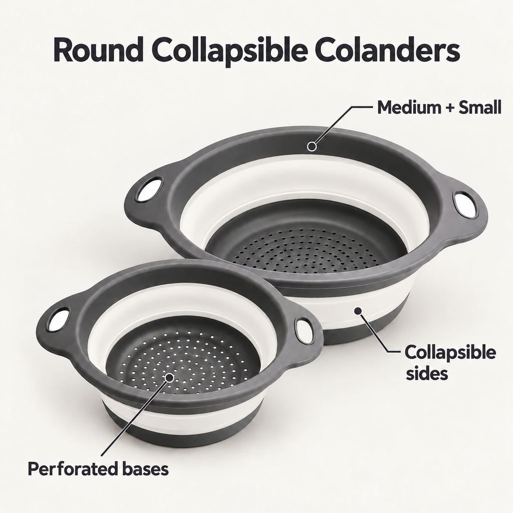 Round Collapsible Colander Set with Single and Multi-Basket Options - Gray-White Medium + Small - feature