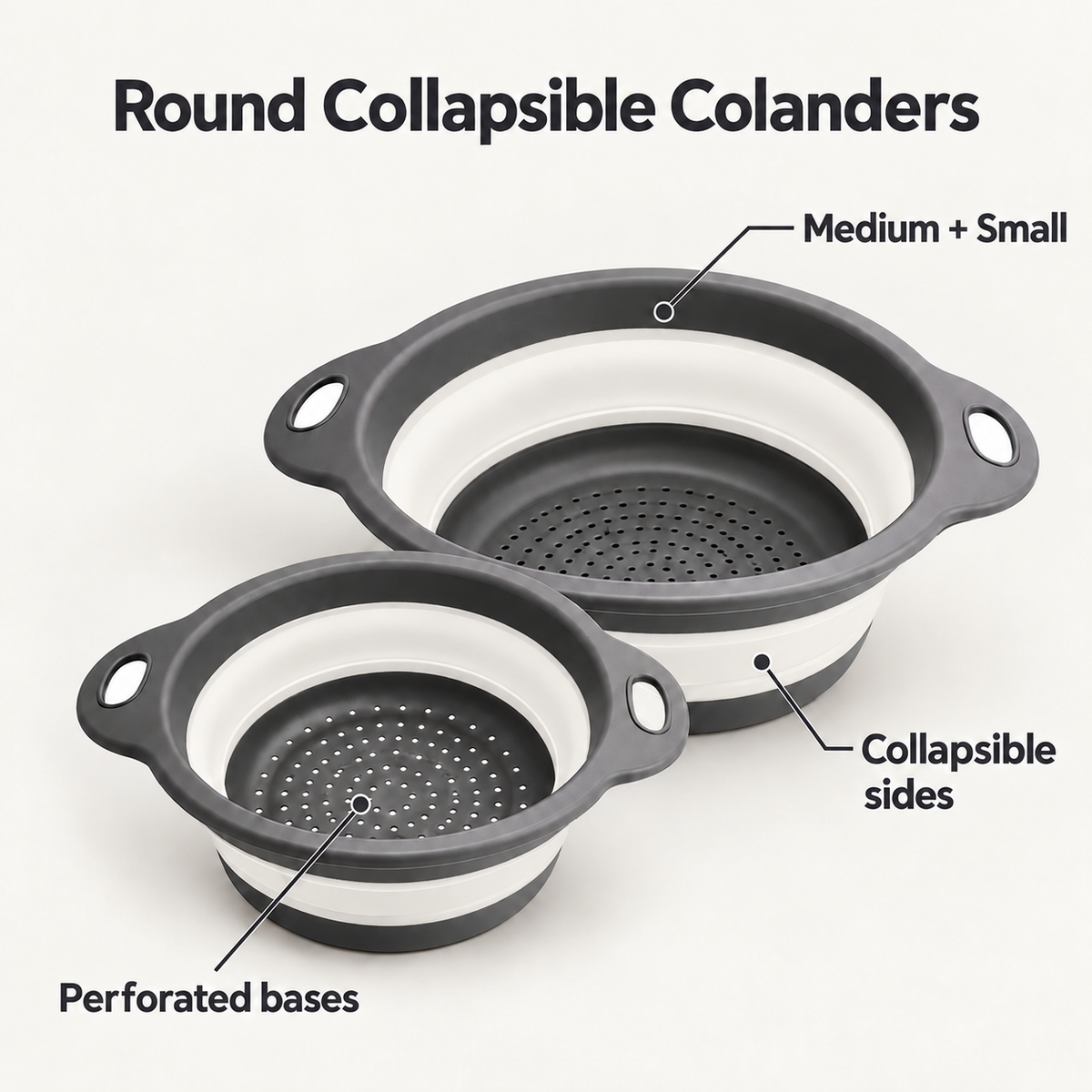 Round Collapsible Colander Set with Single and Multi-Basket Options - Gray-White Medium + Small - feature