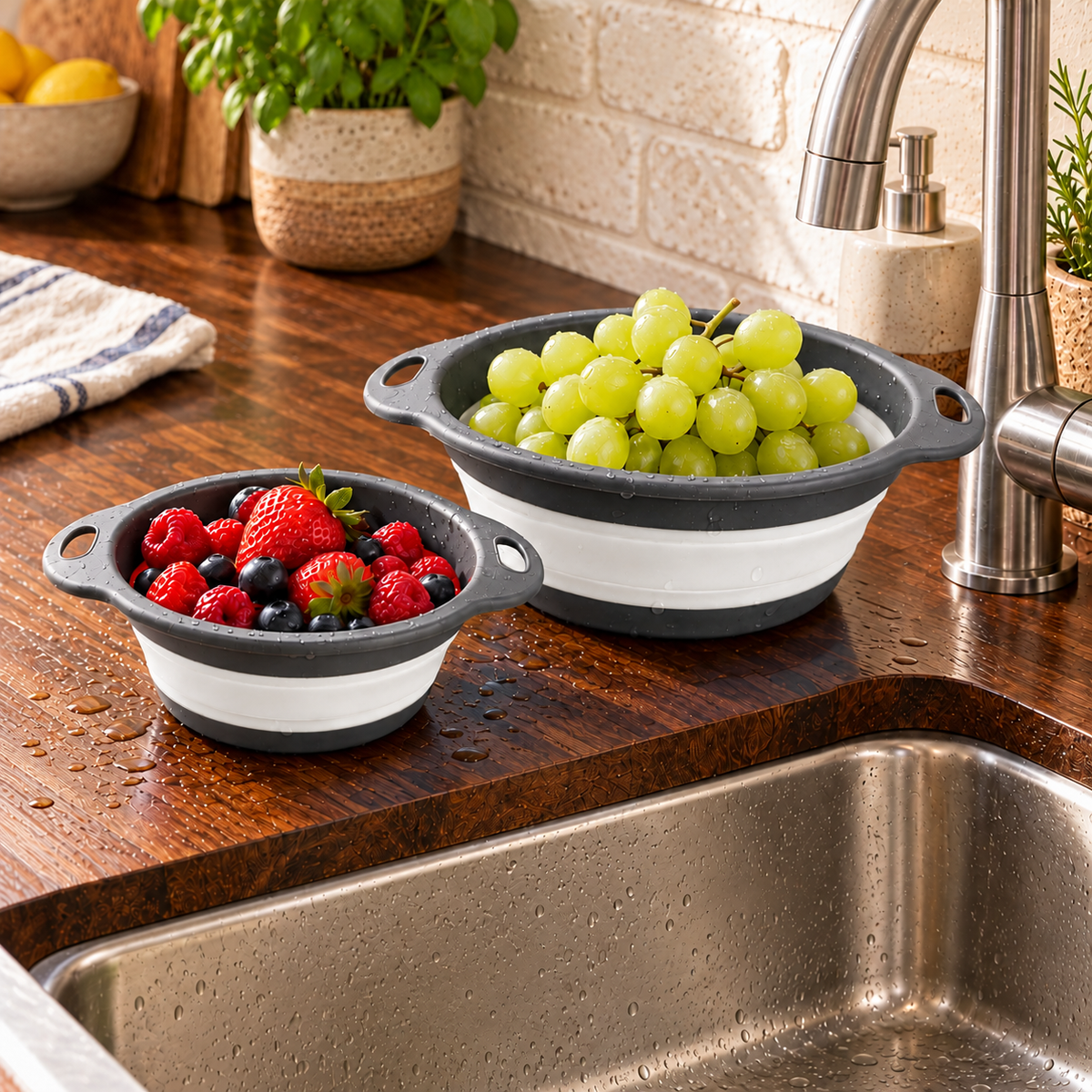 Round Collapsible Colander Set with Single and Multi-Basket Options - Gray-White Medium + Small - lifestyle