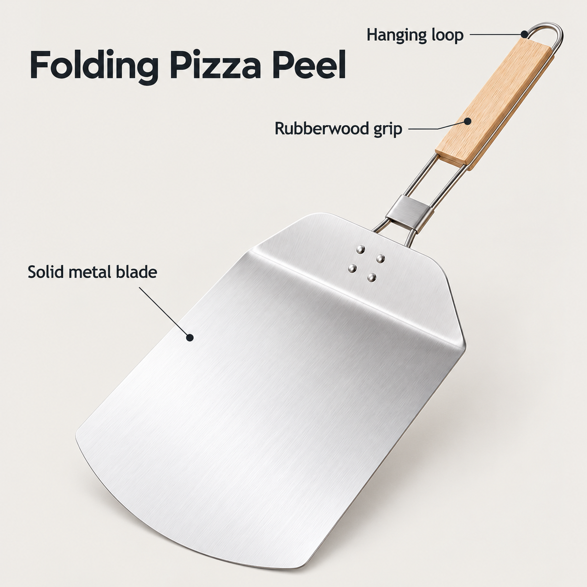 Folding Pizza Peel with Rubberwood Handle for Homemade Pizza Nights - Natural rubberwood handle folding peel - kraft box - feature