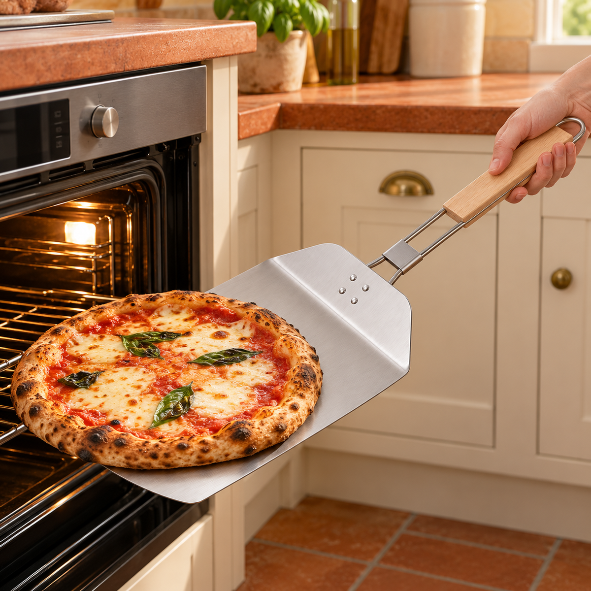 Folding Pizza Peel with Rubberwood Handle for Homemade Pizza Nights - Natural rubberwood handle folding peel - kraft box - lifestyle