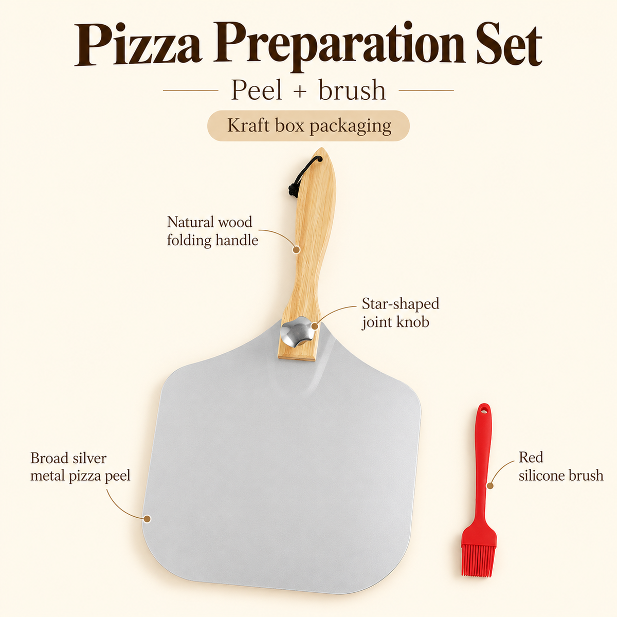 Pizza Peel and Cutter Tool Set Options for Homemade Pizza Preparation - Peel + brush + kraft box - feature