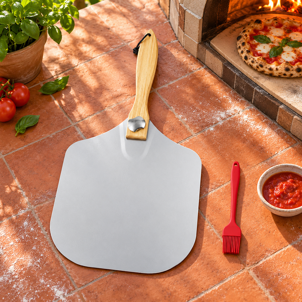 Pizza Peel and Cutter Tool Set Options for Homemade Pizza Preparation - Peel + brush + kraft box - lifestyle
