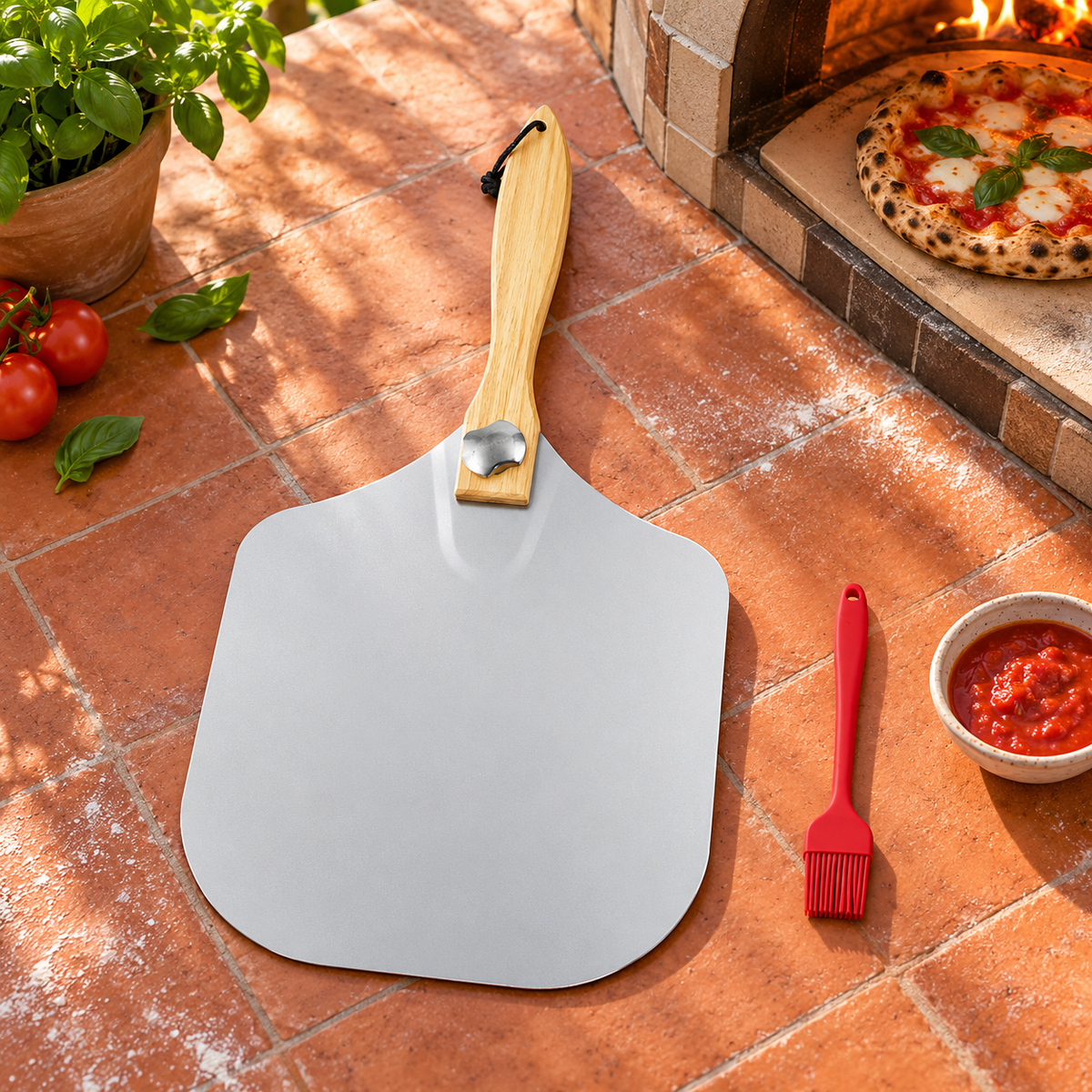 Pizza Peel and Cutter Tool Set Options for Homemade Pizza Preparation - Peel + brush + kraft box - lifestyle