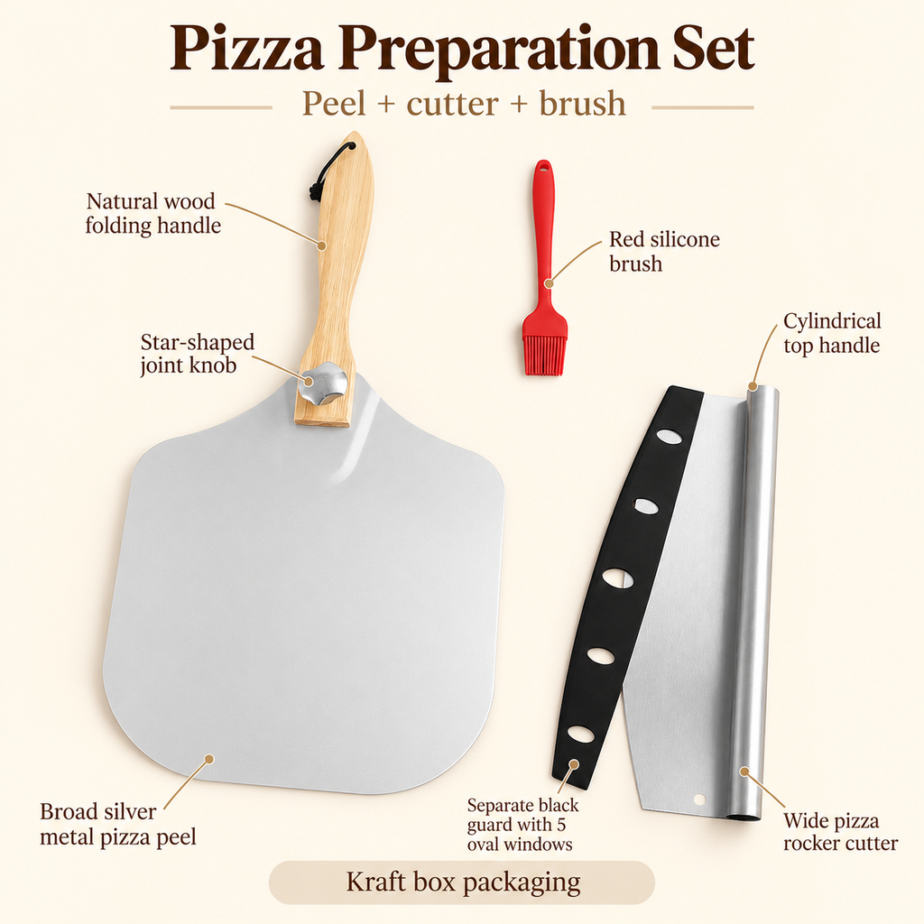 Pizza Peel and Cutter Tool Set Options for Homemade Pizza Preparation - Peel + cutter + brush + kraft box - feature