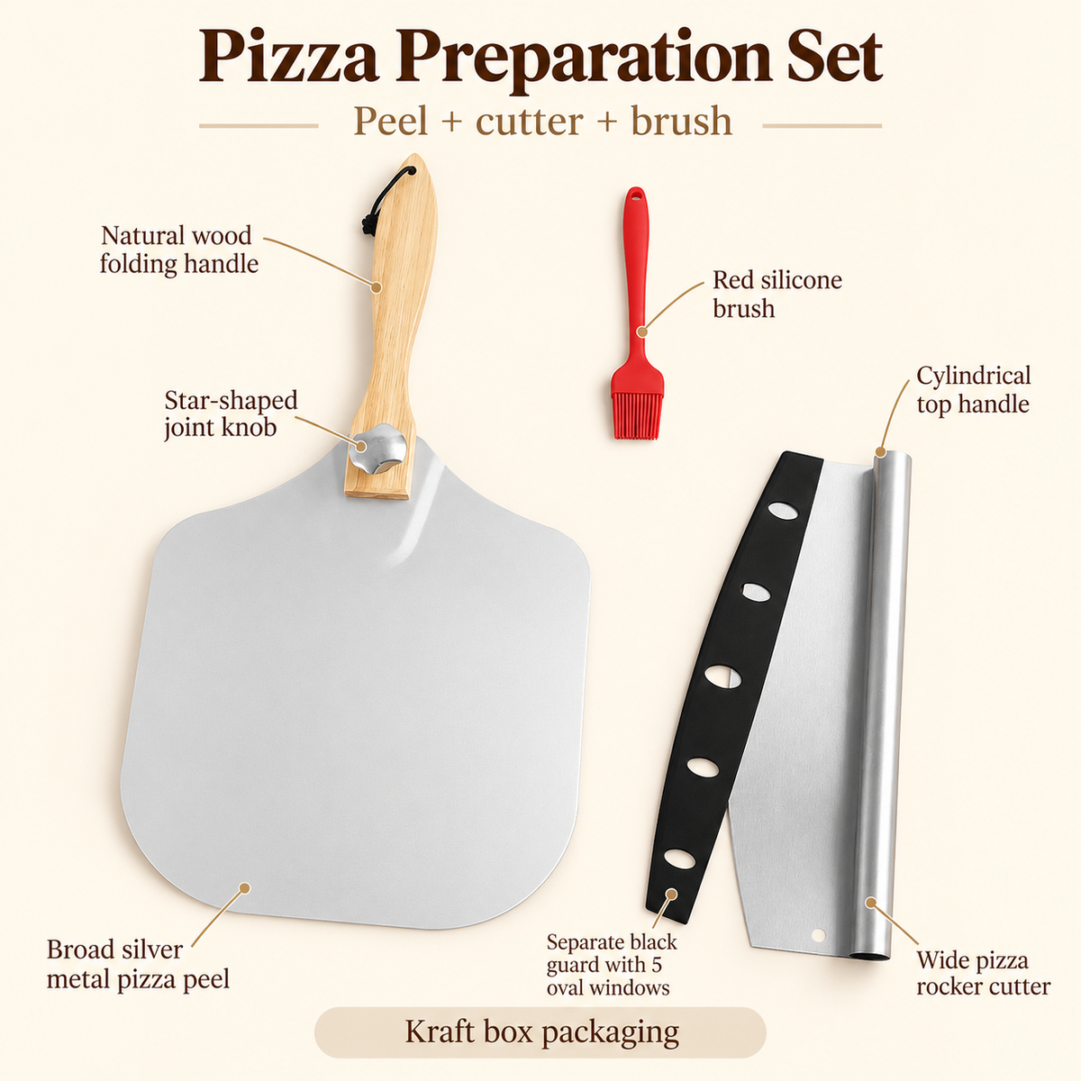 Pizza Peel and Cutter Tool Set Options for Homemade Pizza Preparation - Peel + cutter + brush + kraft box - feature