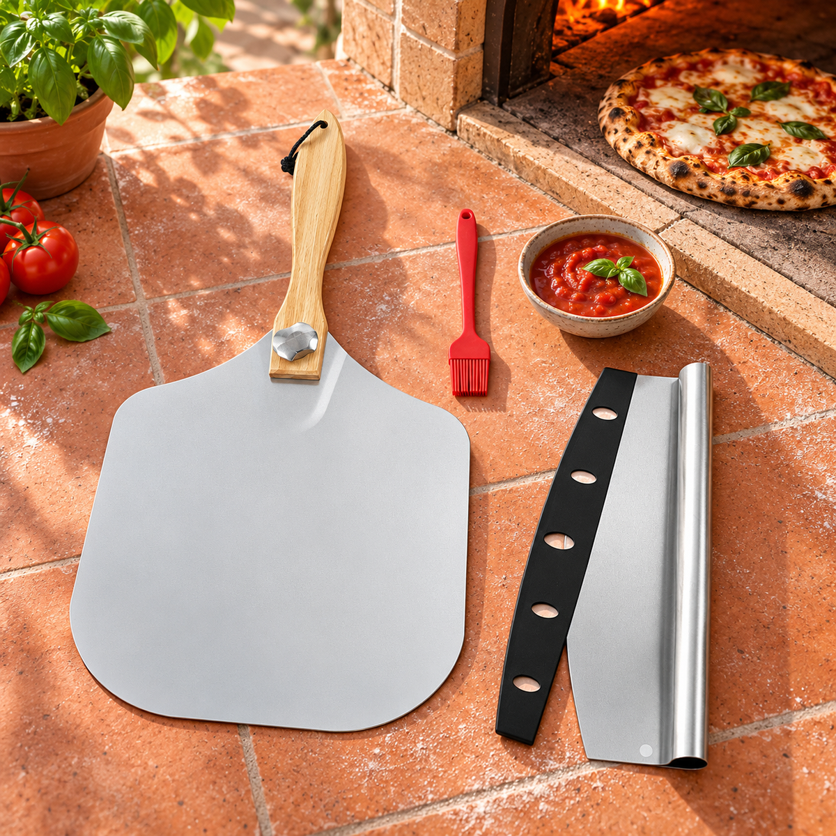 Pizza Peel and Cutter Tool Set Options for Homemade Pizza Preparation - Peel + cutter + brush + kraft box - lifestyle