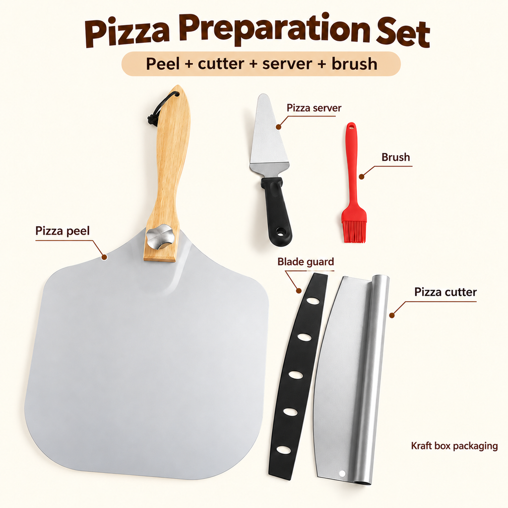 Pizza Peel and Cutter Tool Set Options for Homemade Pizza Preparation - Peel + cutter + triangular server + brush + kraft box - feature