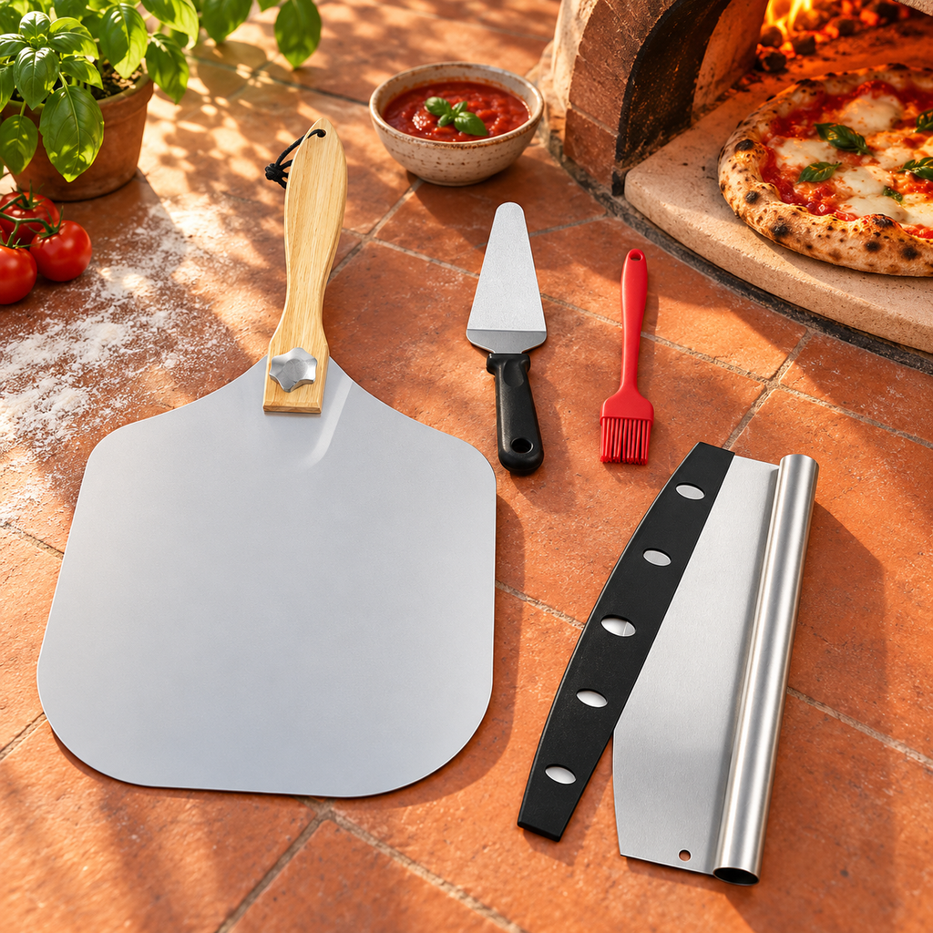Pizza Peel and Cutter Tool Set Options for Homemade Pizza Preparation - Peel + cutter + triangular server + brush + kraft box - lifestyle