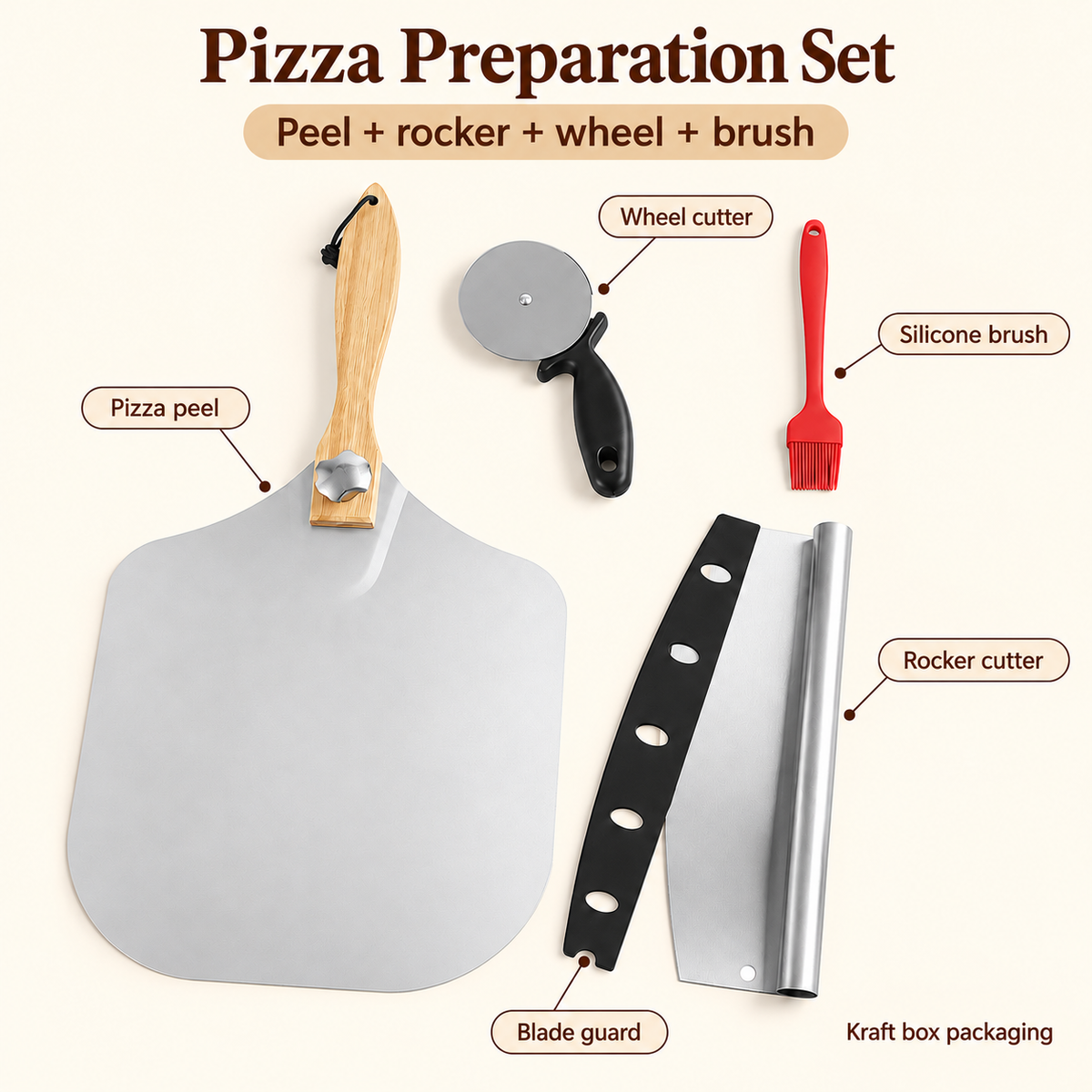 Pizza Peel and Cutter Tool Set Options for Homemade Pizza Preparation - Peel + cutter + wheel cutter + brush + kraft box - feature
