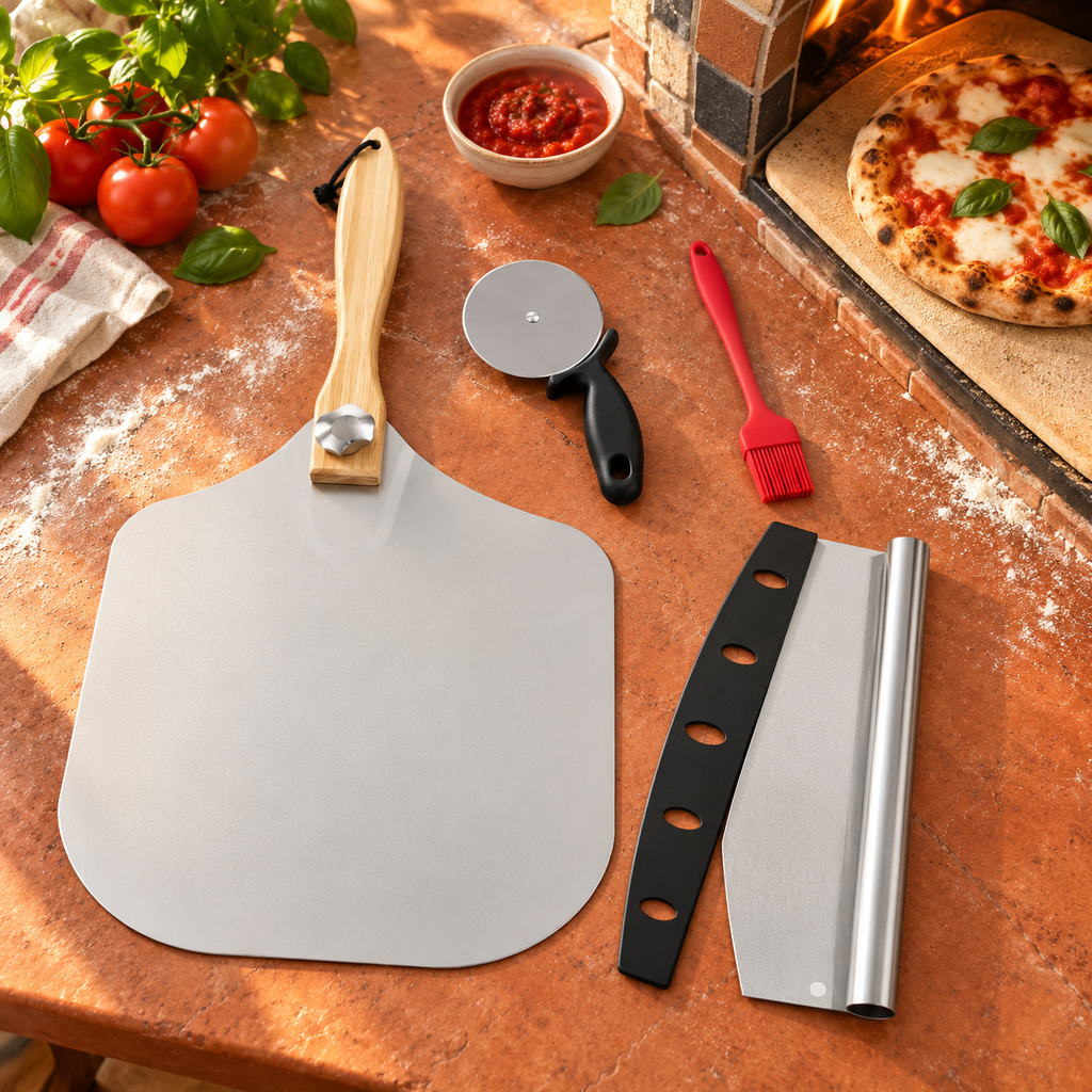 Pizza Peel and Cutter Tool Set Options for Homemade Pizza Preparation - Peel + cutter + wheel cutter + brush + kraft box - lifestyle