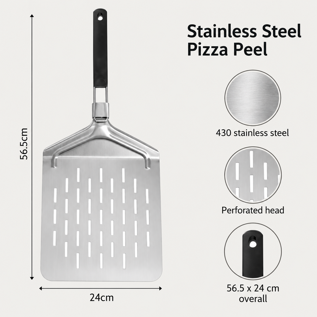Stainless Steel Pizza Peel with Solid and Perforated Options for Home Baking - 430 steel perforated Style 1 - feature