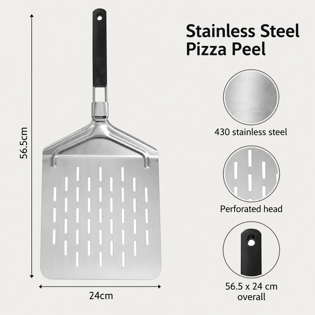 Stainless Steel Pizza Peel with Solid and Perforated Options for Home Baking - 430 steel perforated Style 1 - feature