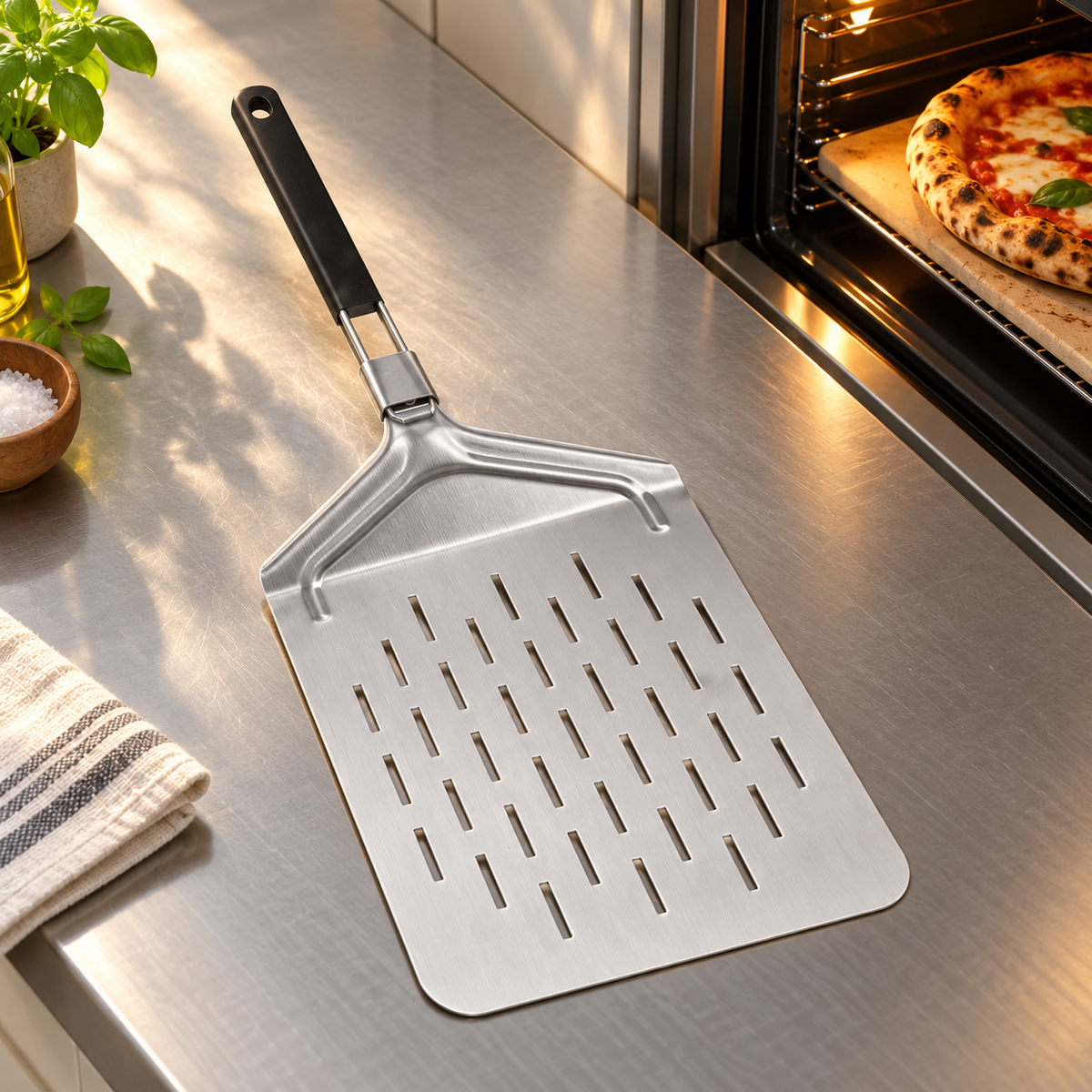 Stainless Steel Pizza Peel with Solid and Perforated Options for Home Baking - 430 steel perforated Style 1 - lifestyle