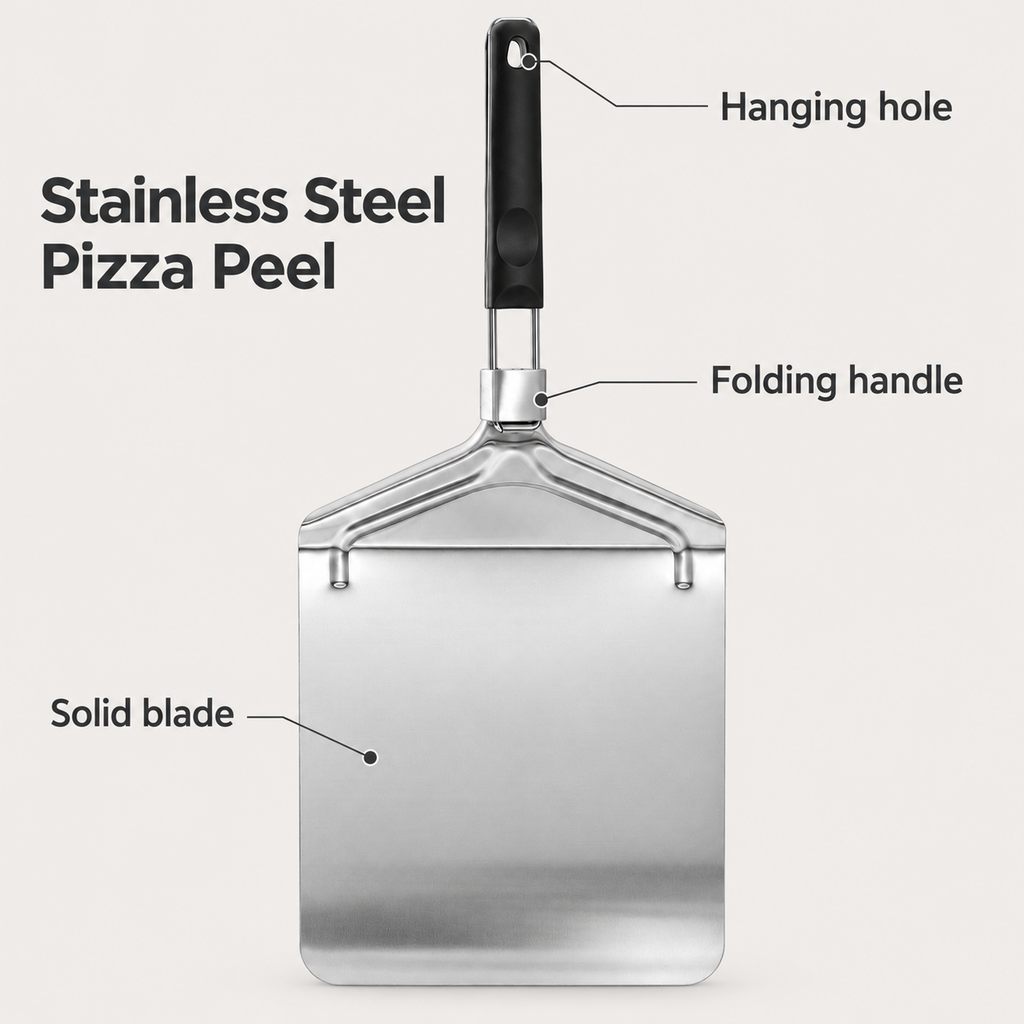 Stainless Steel Pizza Peel with Solid and Perforated Options for Home Baking - 430 steel solid Style 2 - feature