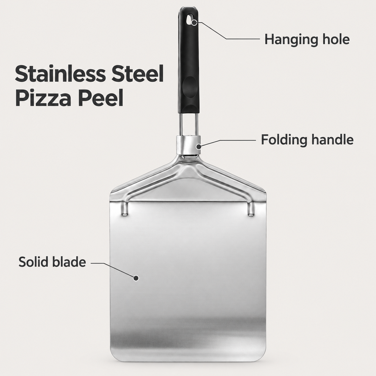 Stainless Steel Pizza Peel with Solid and Perforated Options for Home Baking - 430 steel solid Style 2 - feature