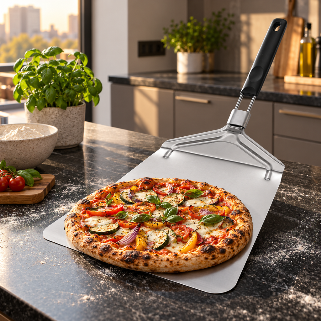 Stainless Steel Pizza Peel with Solid and Perforated Options for Home Baking - 430 steel solid Style 2 - lifestyle