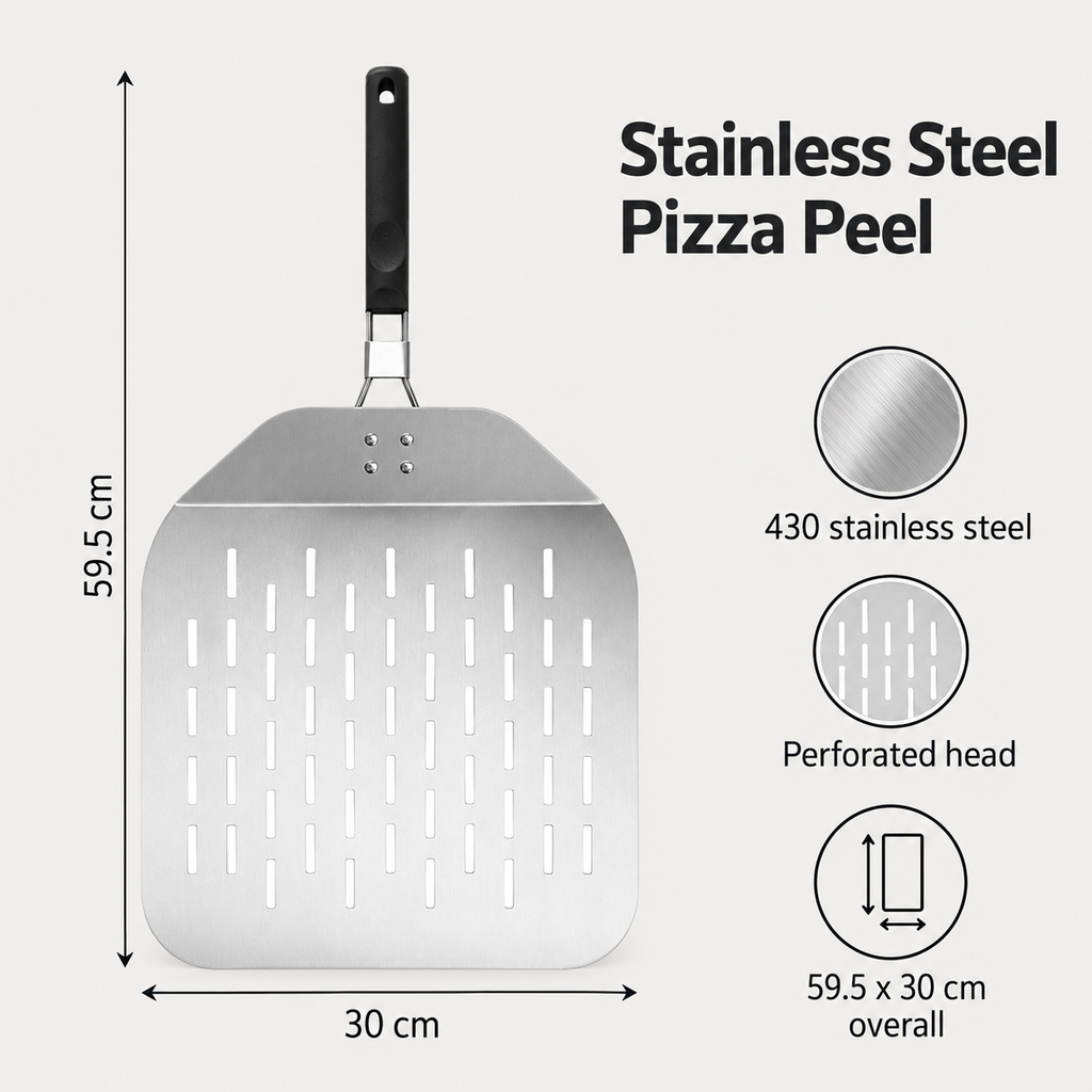 Stainless Steel Pizza Peel with Solid and Perforated Options for Home Baking - 430 steel large perforated Style 3 - feature