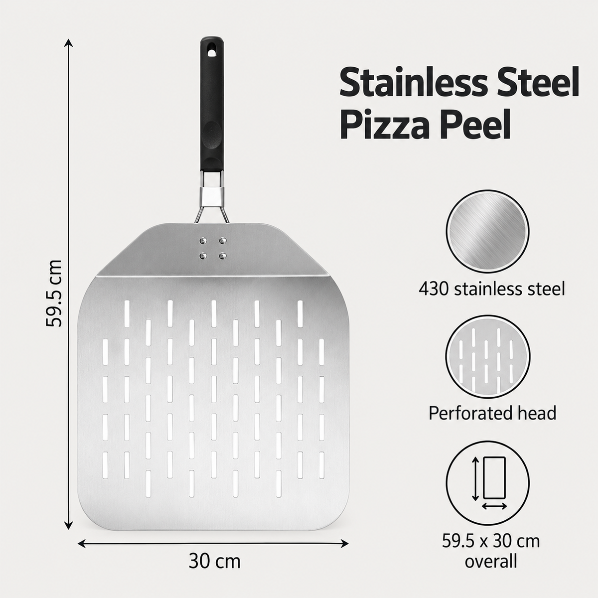 Stainless Steel Pizza Peel with Solid and Perforated Options for Home Baking - 430 steel large perforated Style 3 - feature