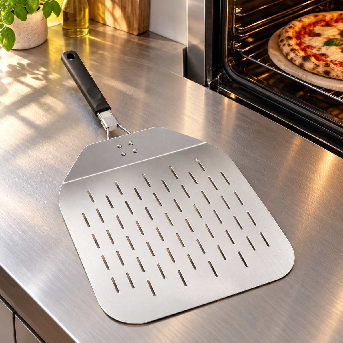 Stainless Steel Pizza Peel with Solid and Perforated Options for Home Baking - 430 steel large perforated Style 3 - lifestyle