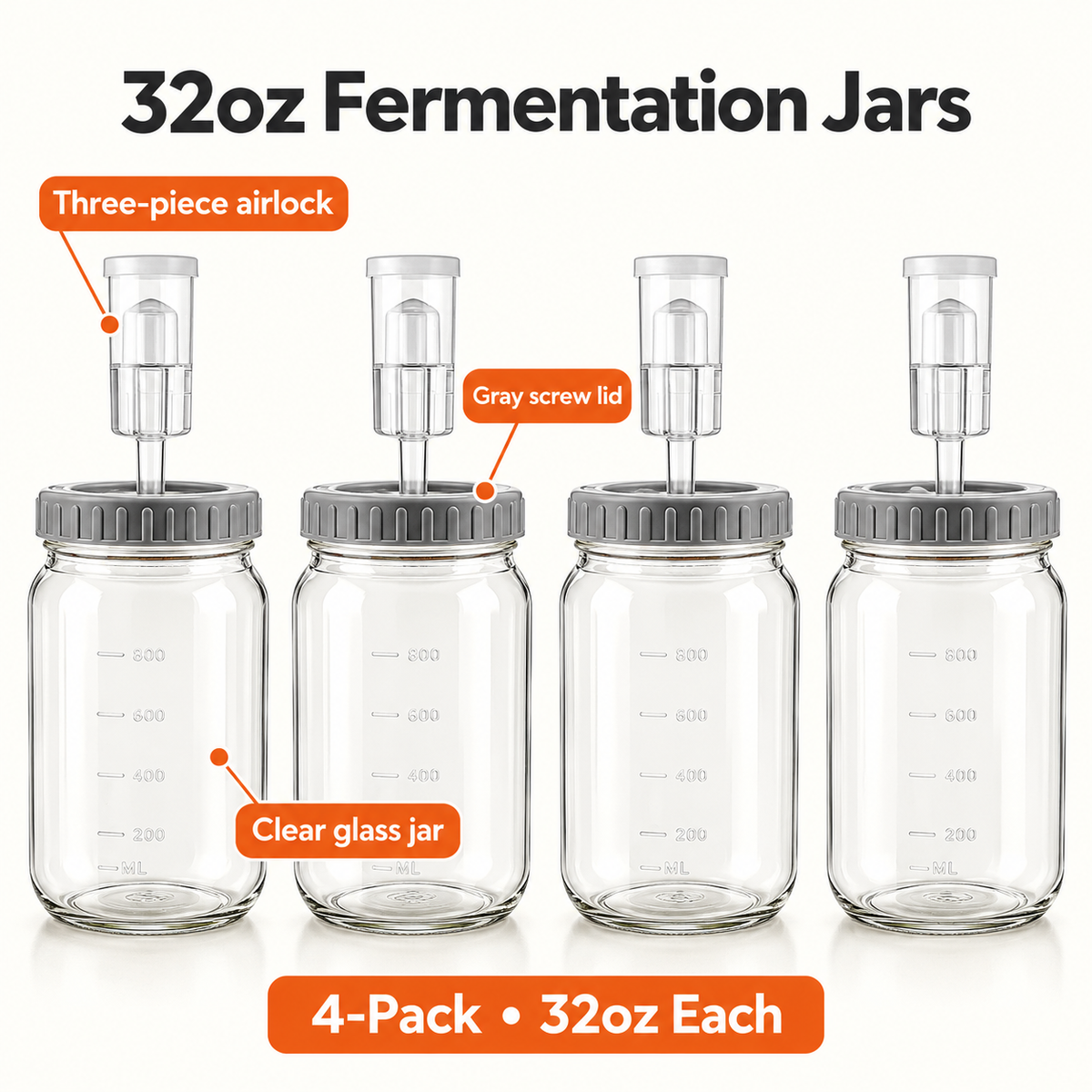 Glass Fermentation Jar Kit with Airlock Options for Homemade Pickling - 32oz 4-Pack - Clear - feature