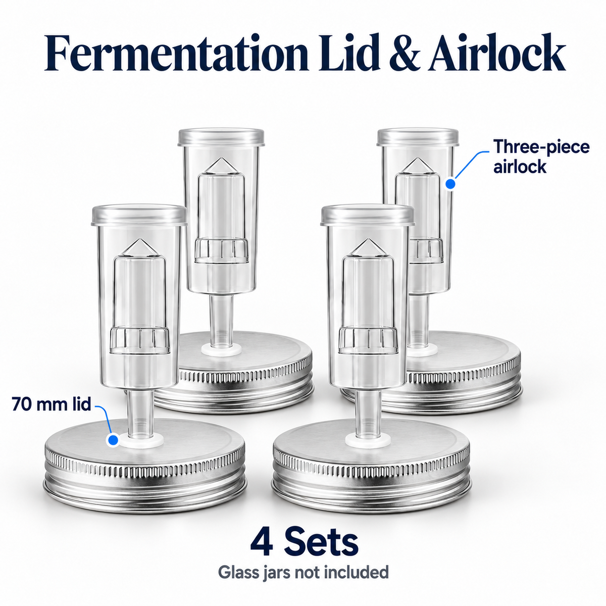 Mason Jar Fermentation Lid and Airlock Kit in 70mm and 86mm Sizes - 70mm - 4 sets boxed - feature