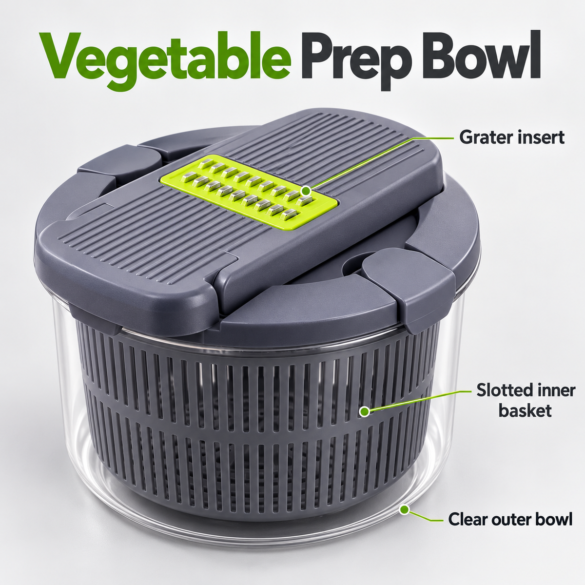 2-in-1 Vegetable Cutter and Salad Spinner for Everyday Meal Preparation - Gray-Green 2-in-1 cutter and spinner - feature