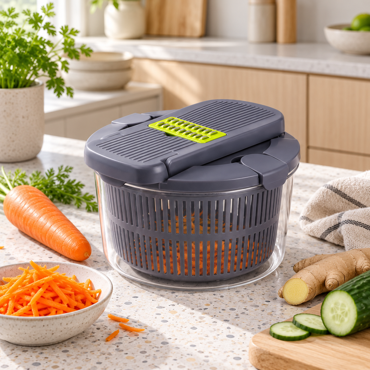 2-in-1 Vegetable Cutter and Salad Spinner for Everyday Meal Preparation - Gray-Green 2-in-1 cutter and spinner - lifestyle