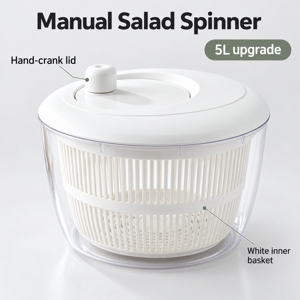 Manual Salad Spinner with Standard and 5L Upgrade Options for Home Salads - Upgraded 5L White - feature