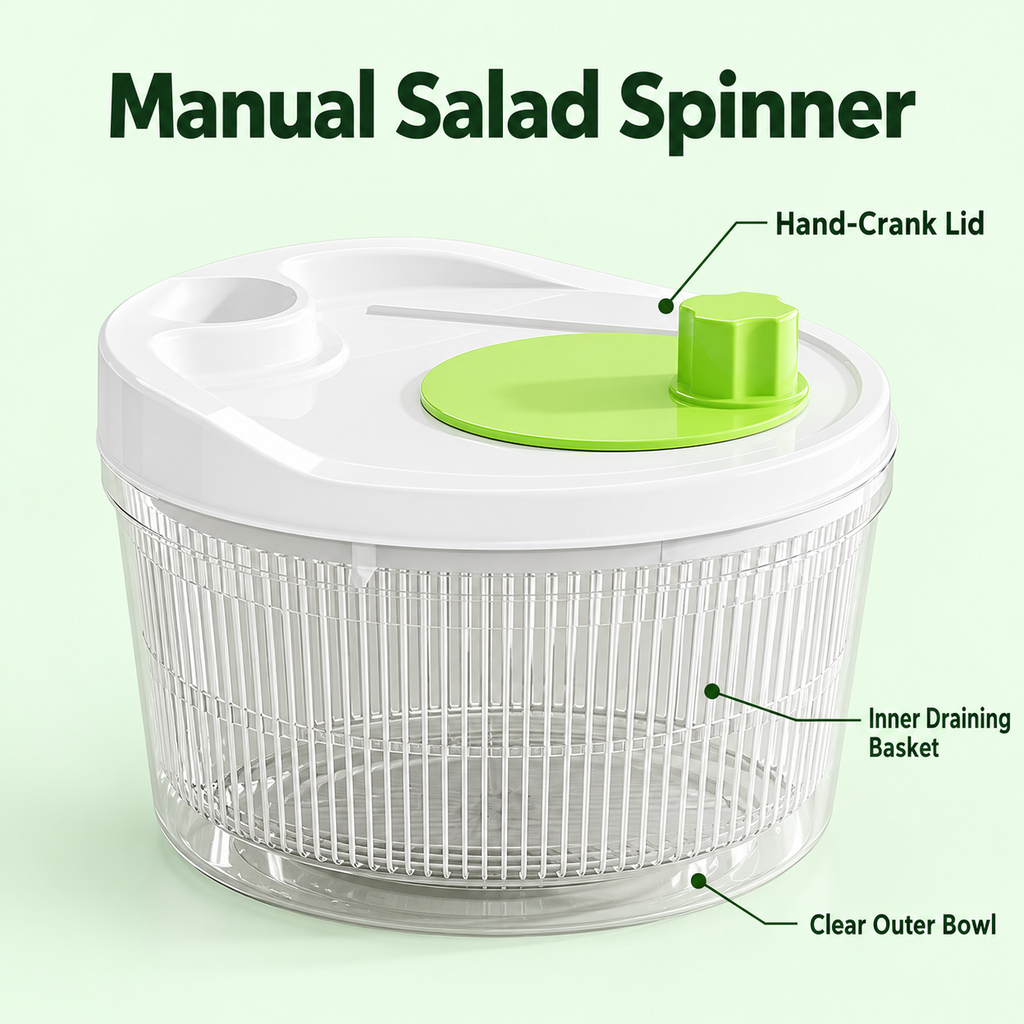 Manual Salad Spinner with Double-Bowl Format for Kitchen Greens Preparation - White - feature