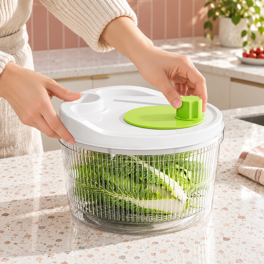 Manual Salad Spinner with Double-Bowl Format for Kitchen Greens Preparation - White - lifestyle