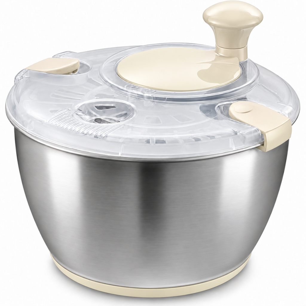 Stainless Steel Hand-Crank Salad Spinner with PP or Steel Basket Options - Ivory - PP inner basket - main
