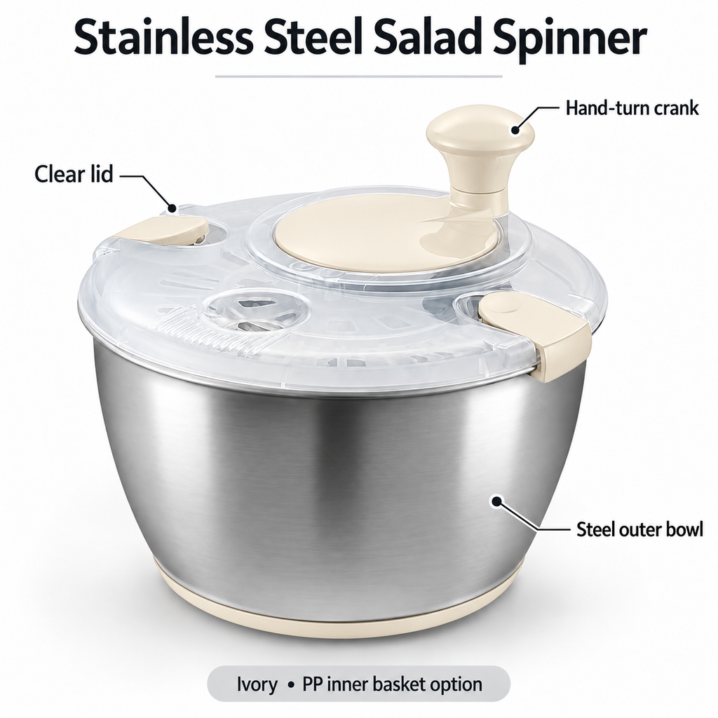 Stainless Steel Hand-Crank Salad Spinner with PP or Steel Basket Options - Ivory - PP inner basket - feature