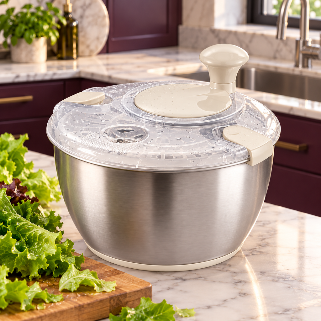 Stainless Steel Hand-Crank Salad Spinner with PP or Steel Basket Options - Ivory - PP inner basket - lifestyle