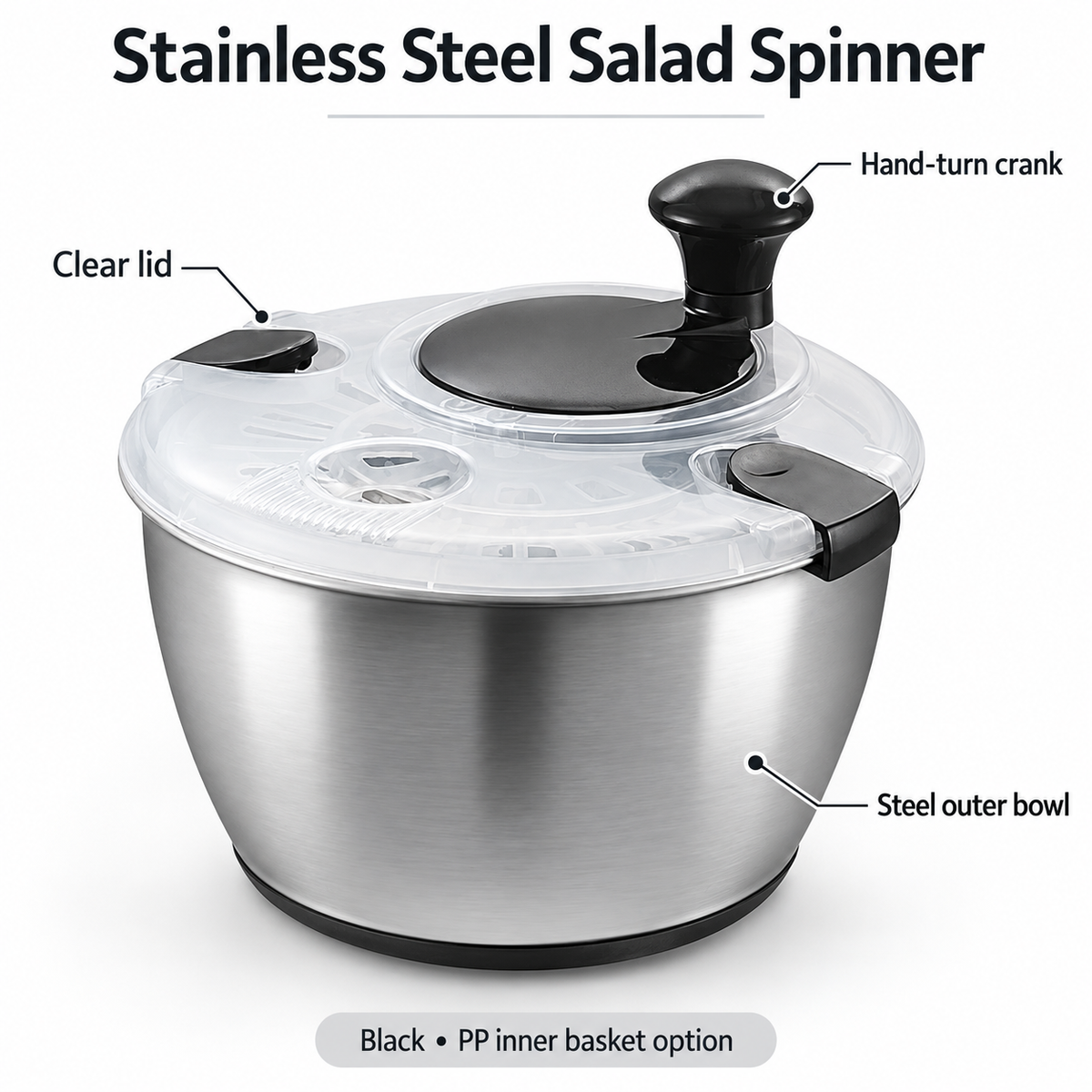 Stainless Steel Hand-Crank Salad Spinner with PP or Steel Basket Options - Black - PP inner basket - feature