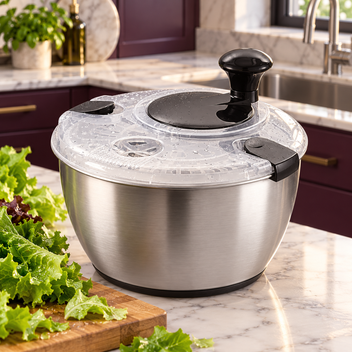 Stainless Steel Hand-Crank Salad Spinner with PP or Steel Basket Options - Black - PP inner basket - lifestyle