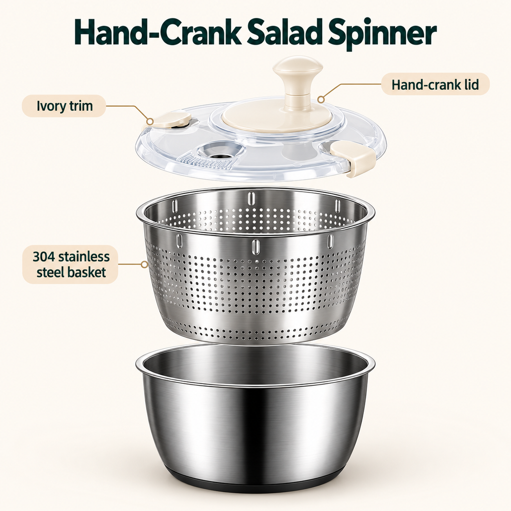 Stainless Steel Hand-Crank Salad Spinner with PP or Steel Basket Options - Ivory - 304 steel inner basket - feature