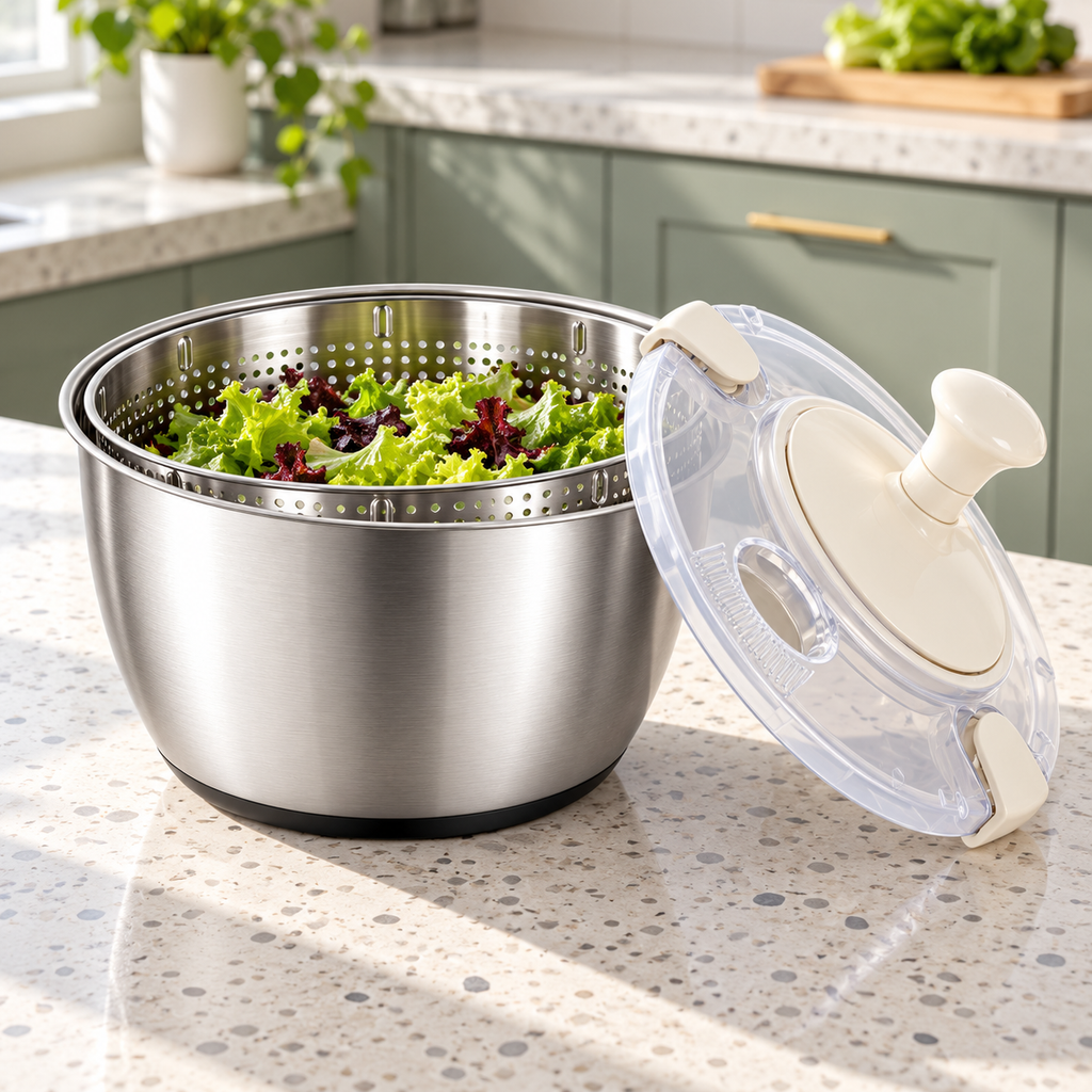 Stainless Steel Hand-Crank Salad Spinner with PP or Steel Basket Options - Ivory - 304 steel inner basket - lifestyle