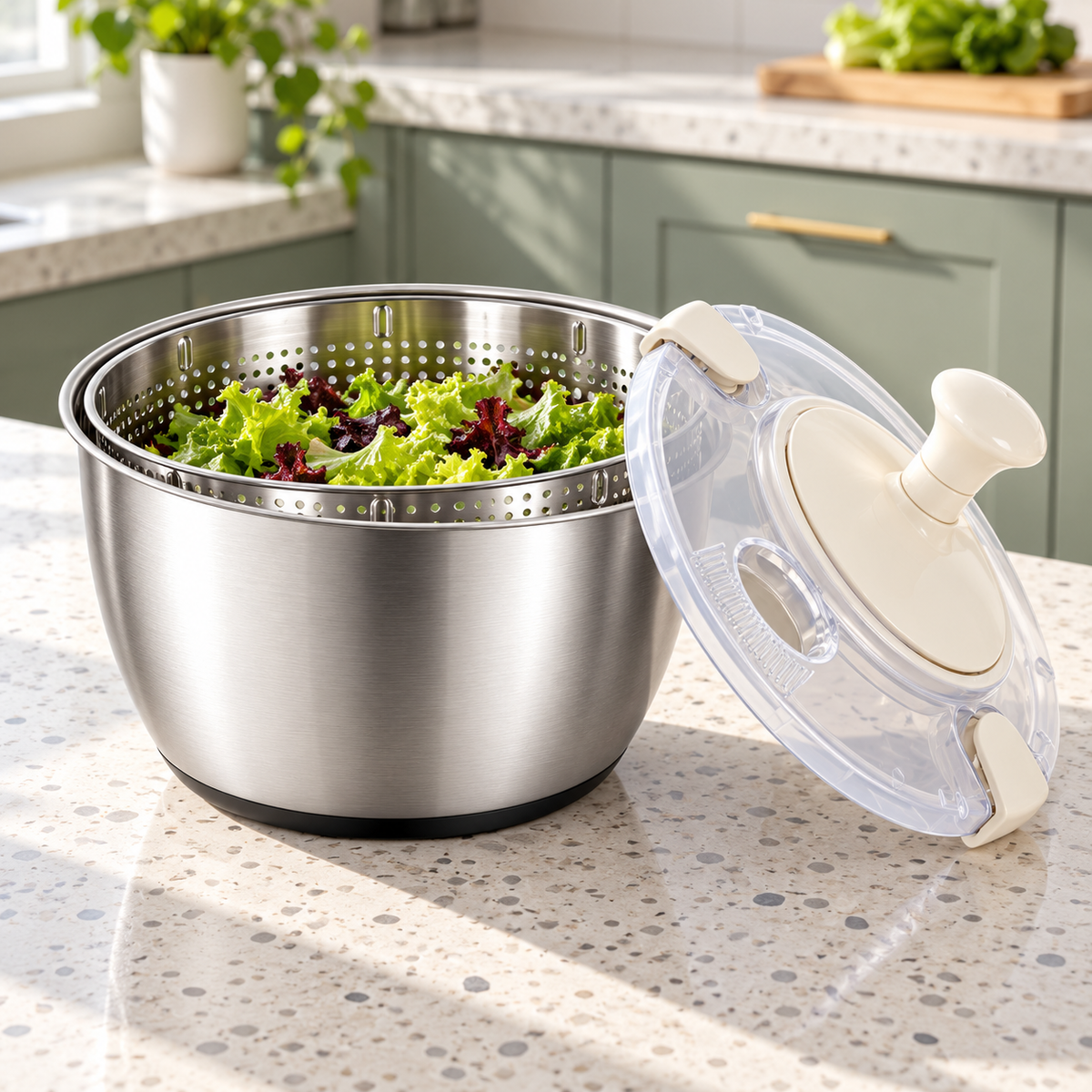 Stainless Steel Hand-Crank Salad Spinner with PP or Steel Basket Options - Ivory - 304 steel inner basket - lifestyle