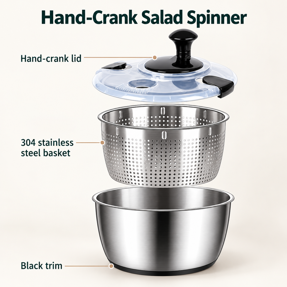 Stainless Steel Hand-Crank Salad Spinner with PP or Steel Basket Options - Black - 304 steel inner basket - feature