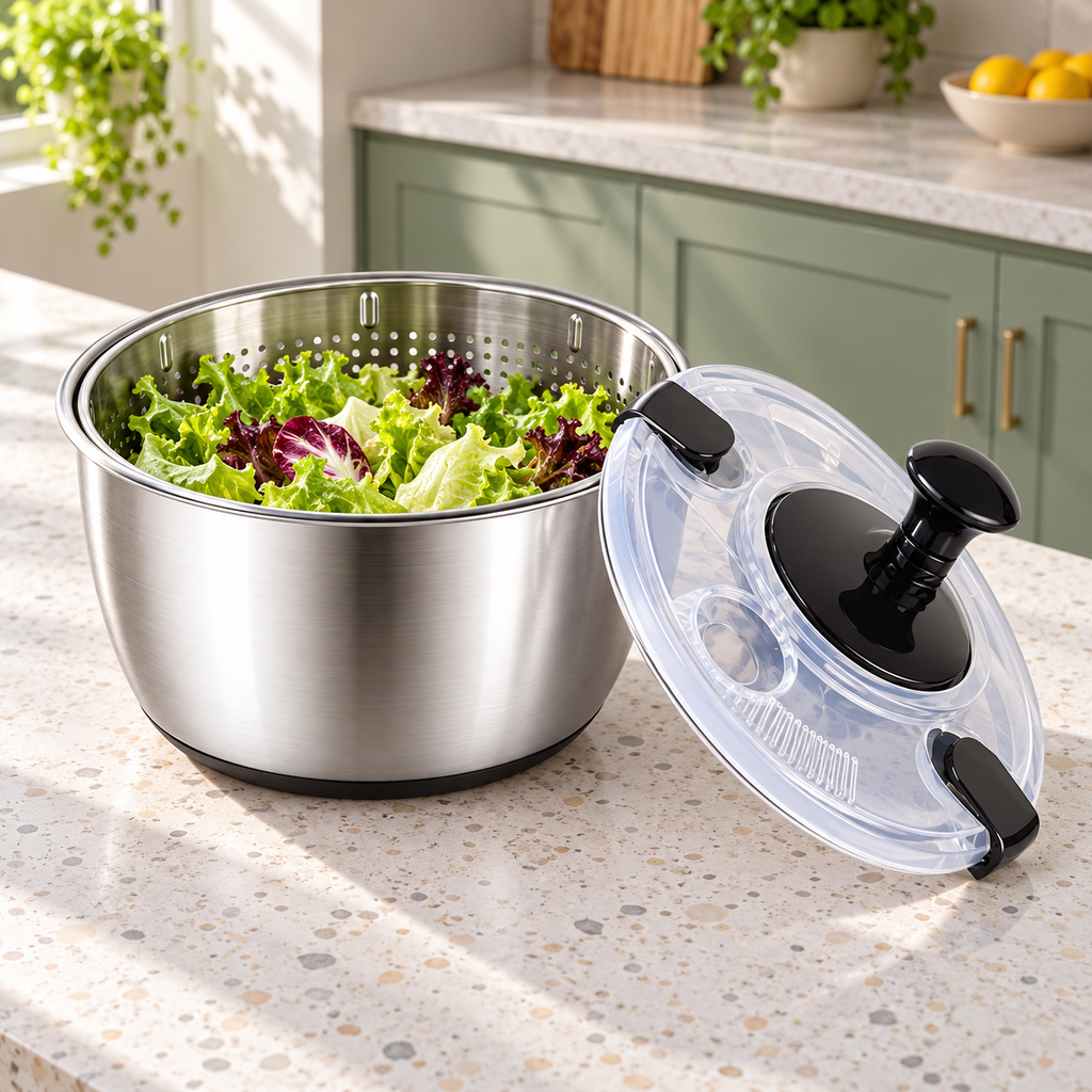 Stainless Steel Hand-Crank Salad Spinner with PP or Steel Basket Options - Black - 304 steel inner basket - lifestyle
