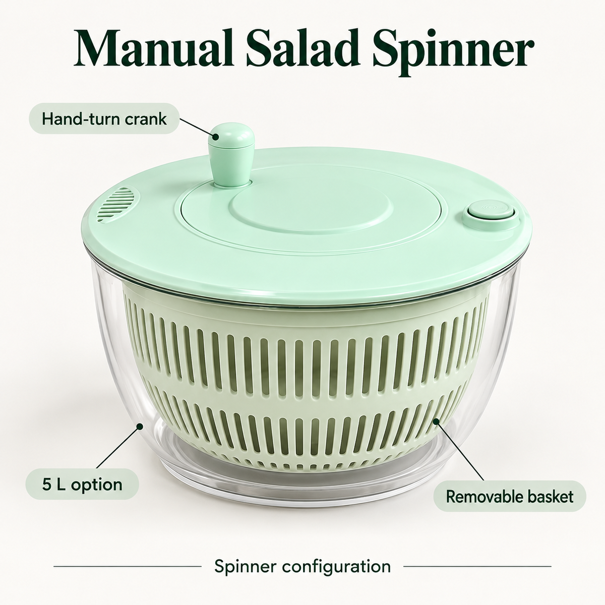 Salad Spinner and Vegetable Cutter Options for Fresh Meal Preparation - Fresh Green 5L spinner - feature